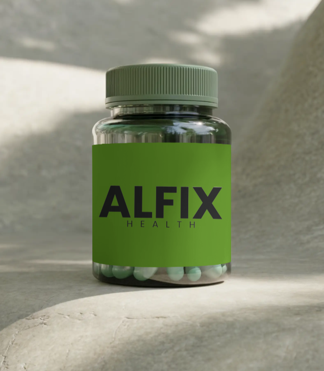 Green supplement bottle labeled 'ALFIX' on a light gray surface with a blurred background.