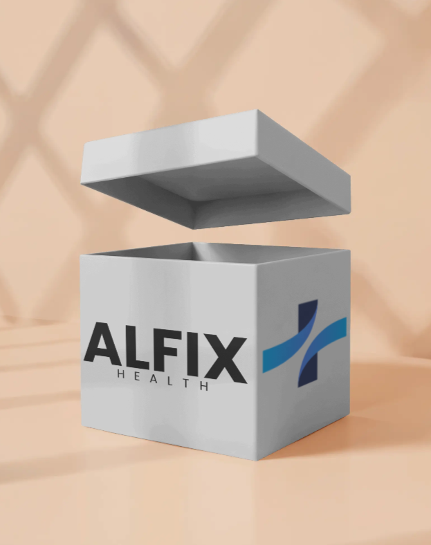 3D model of a box with 'ALFIX' branding on a design software interface